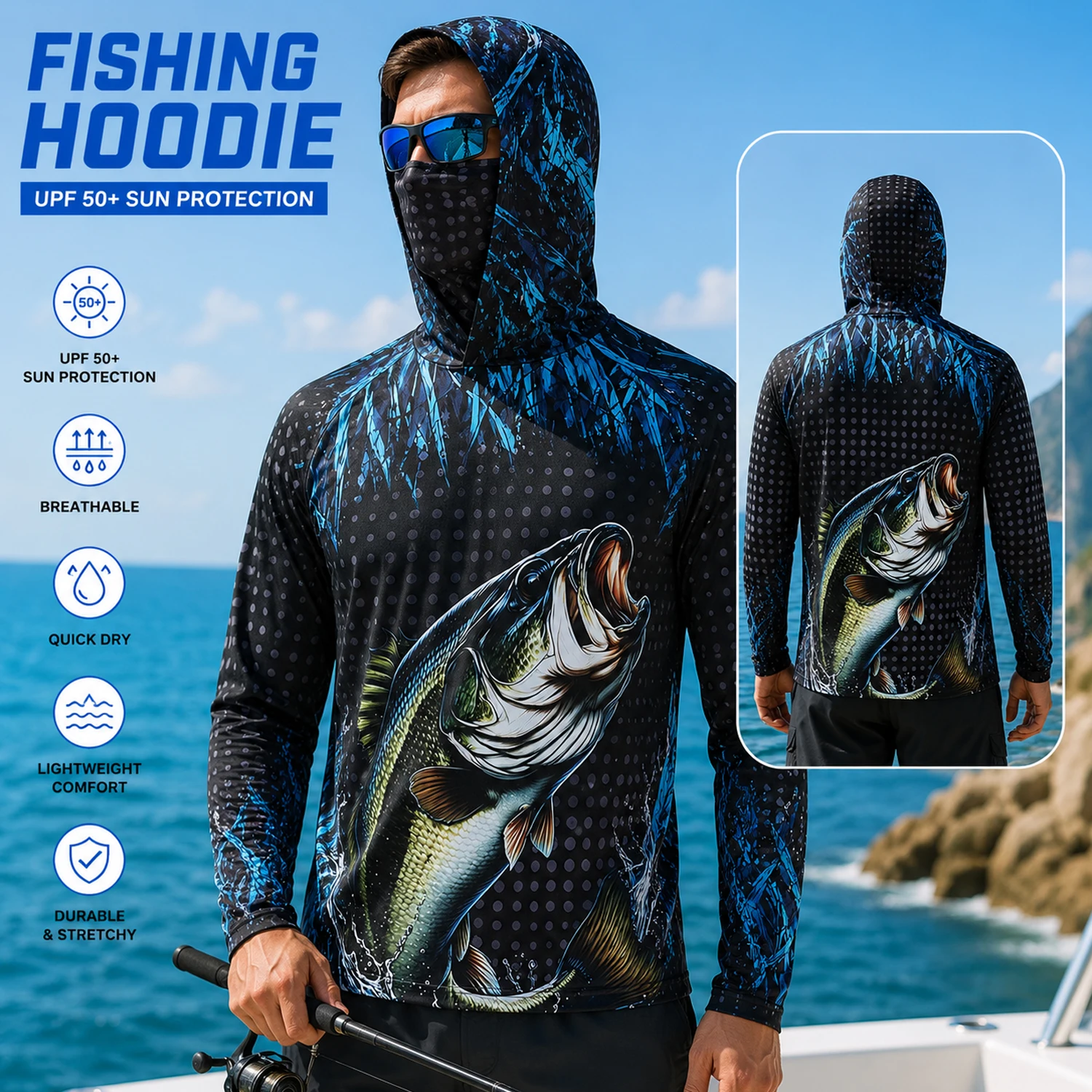 Men UPF50+ Fishing Hoodie with - Fishing Mask Sun Protection review and price